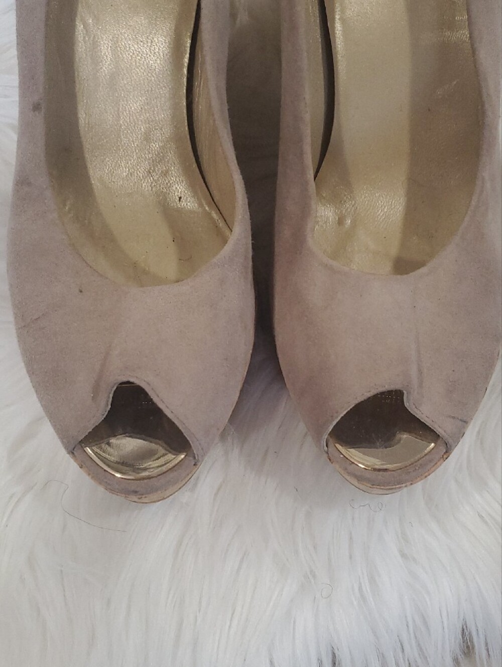 Stuart Weitzman Taupe Suede Cork Wedge Pumps Open Toe Size 9.5 - Picture 4 of 13